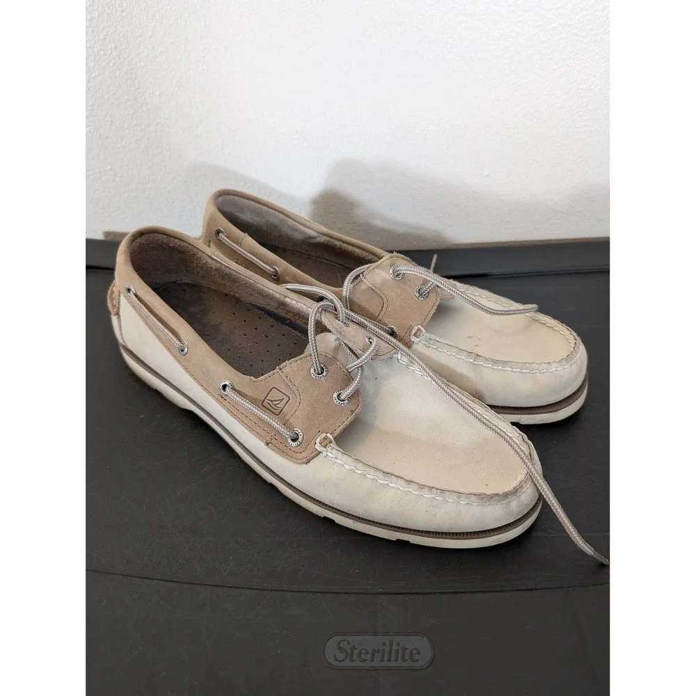 Sperry Top-Sider Mens 11.5 Boat Shoes Beige Cream Leather Deck Shoes Moc Toe